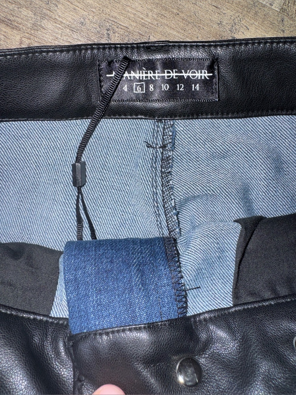 Maniere De Voir Denim Leather Biker Cargo Pants Sz 2 UK 6 Moto Patchwork - Picture 5 of 14